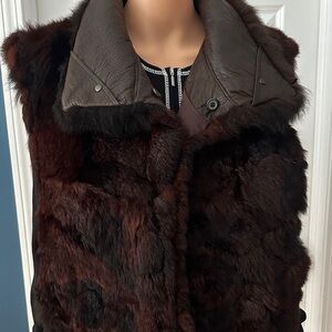 Andrew Marc Opossum Fur Vest Brown New Zealand Leather Collar Large